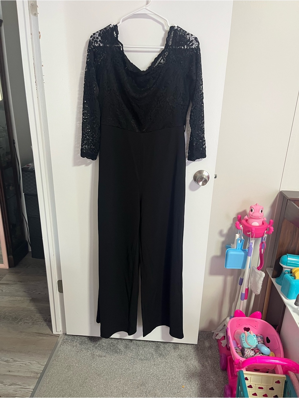 Black Lace Off Shoulder Wide-Leg Jumpsuit with Long Lace Sleeves